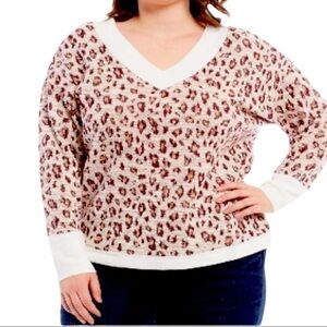 Vince‎ Camuto Leopard Print Gold Metallic Long Cuffed Sweater V-Neck Plus 2X